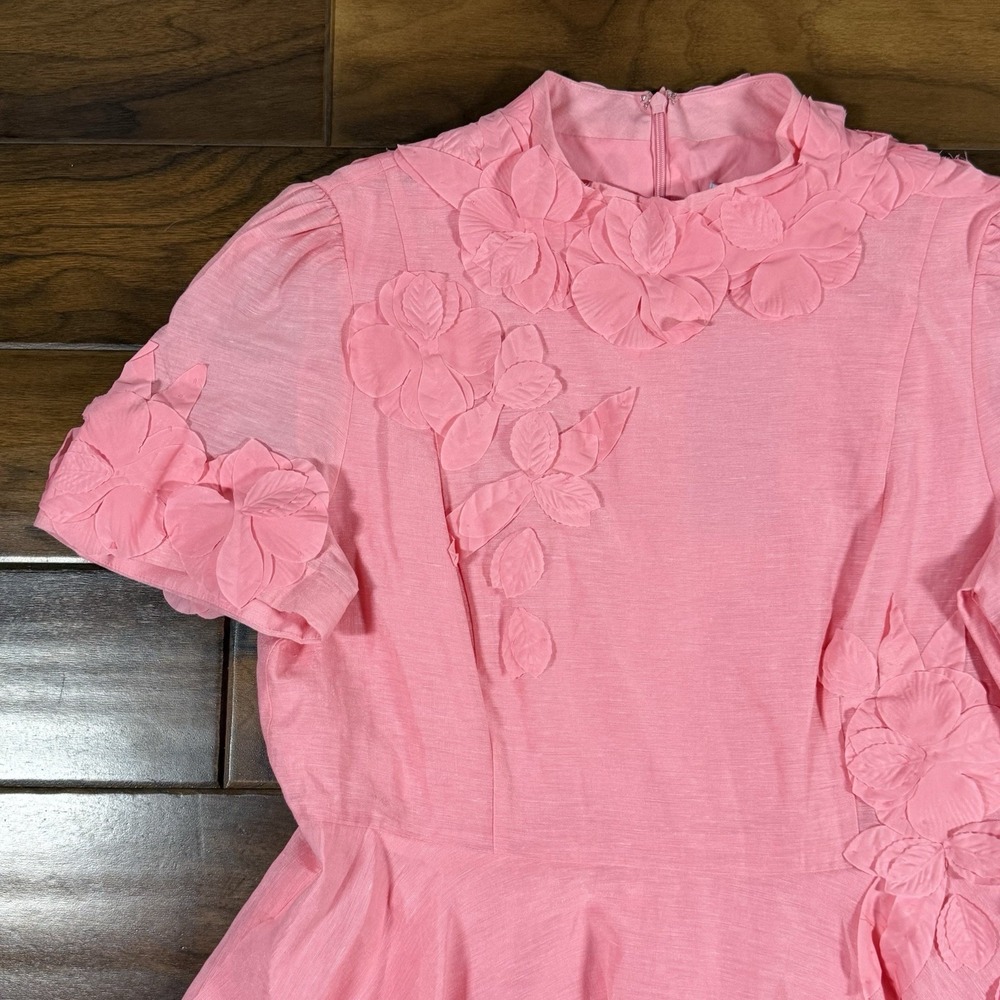 Antonio Melani‎ Women's Size 14 Pink Taffy Floral Appliqué Iris Linen Mini Dress - Picture 2 of 13